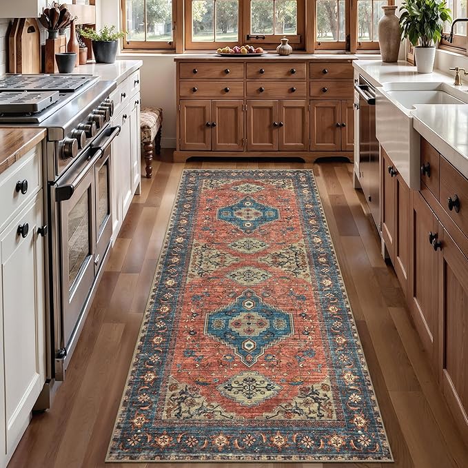 Tangsoo 2x6 Washable Runner Rug for Hallways, Non Slip Vintage Runner Rug, Soft Low Pile Long Rug Runner, Print Distressed Carpet Runners for Kitchen Bedroom Entryway Bathroom Living Room Terracotta