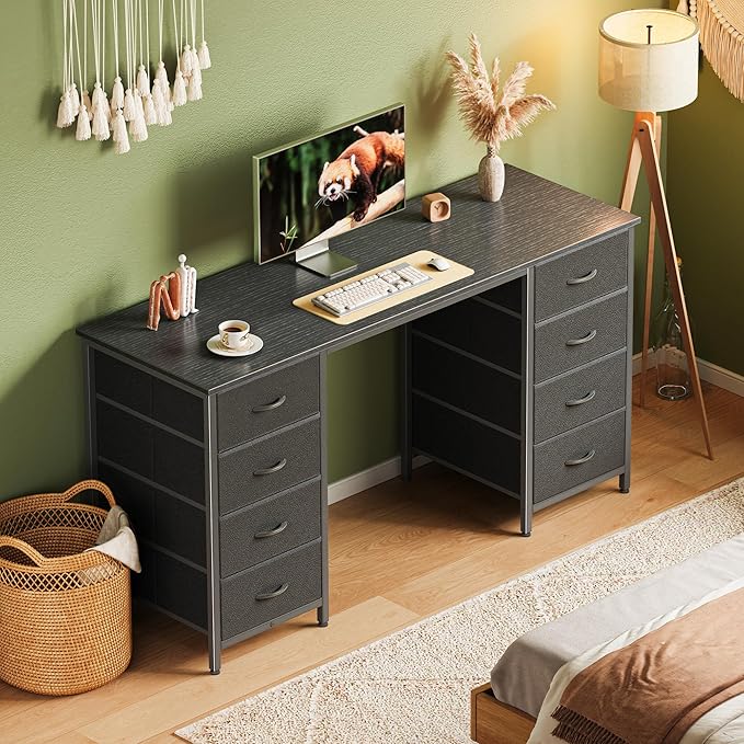 Huuger 55 Inch Computer Desk with 8 Fabric Drawers, Office Desk Work Desk for Home Office, Study, Gaming Desk with Drawers, Large Storage, Black