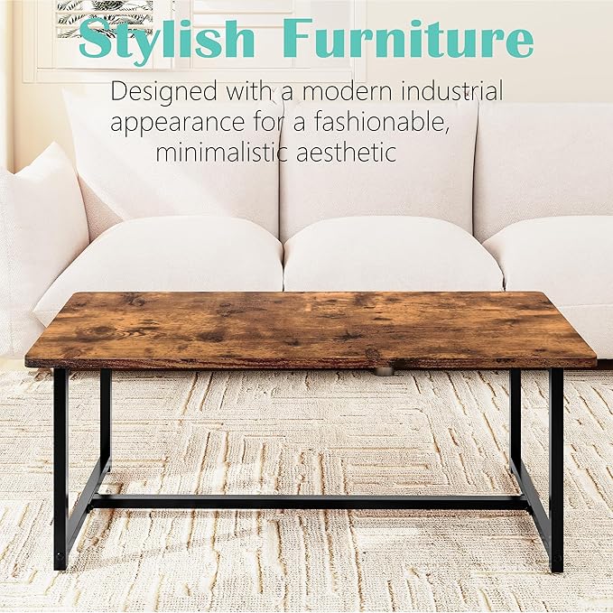 Coffee Table Living Room, Modern Center Table Rectangular, Industrial Furniture, Sofa End Tables/Tea Table/Table Basse De Salon with Metal Black Frame Rustic Brown