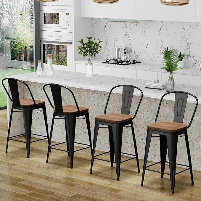 Changjie Furniture 26 Inch Metal Barstools Set of 4 Counter Height Bar Stools Industrial Stools with Backs High Back Chairs for Kitchen Island (26 Inch, Black)
