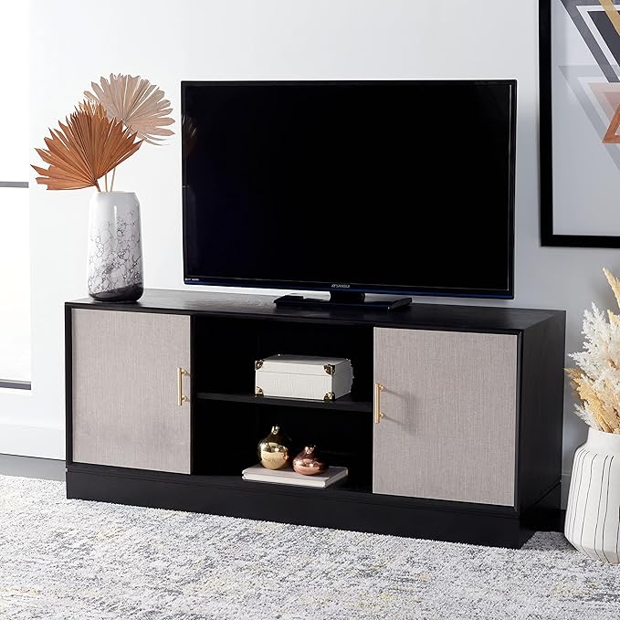 SAFAVIEH Estella TV Stand for up to 55" Flatscreen – Black, 2 Doors with Interior Storage, 2 Open Shelves, Entertainment Media Console, Fully Assembled (MED5711B)
