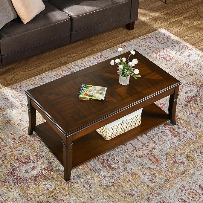 Mid-Century Modern Living Room Coffee Table Set, 2-Piece Solid Wood Living Room Table Set, 1 Solid Wood Coffee Table with Storage Shelf and 1 End Table, Cherry Walnut KFZ-DR200-2