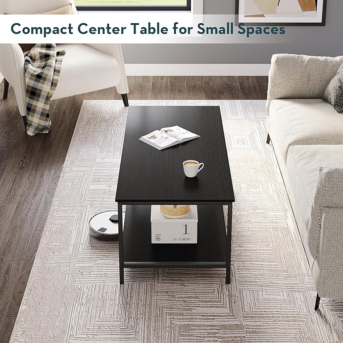 SAYGOER Black Coffee Table for Living Room Modern Rectangle 2-Tier Coffee Tables with Storage Industrial Wood Center Table for Large or Small Spaces Apartment Home Office, All Black