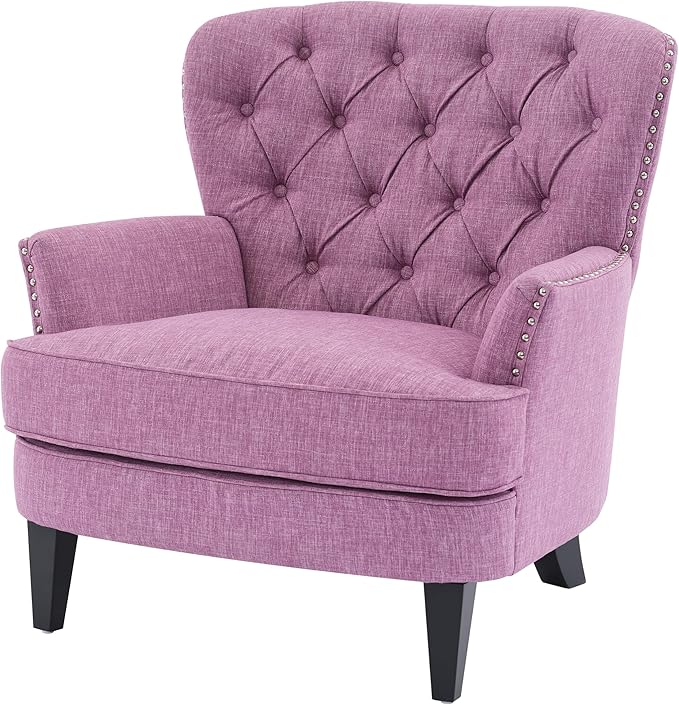 Ball & Cast Accent Chair,Mid-Century Lounge Living Room Chairs with Button Tufting,Upholstered Reading Accent Chair W/Solid Wood Legs and Curved Backrest,for Bedroom,Apartment,Pink