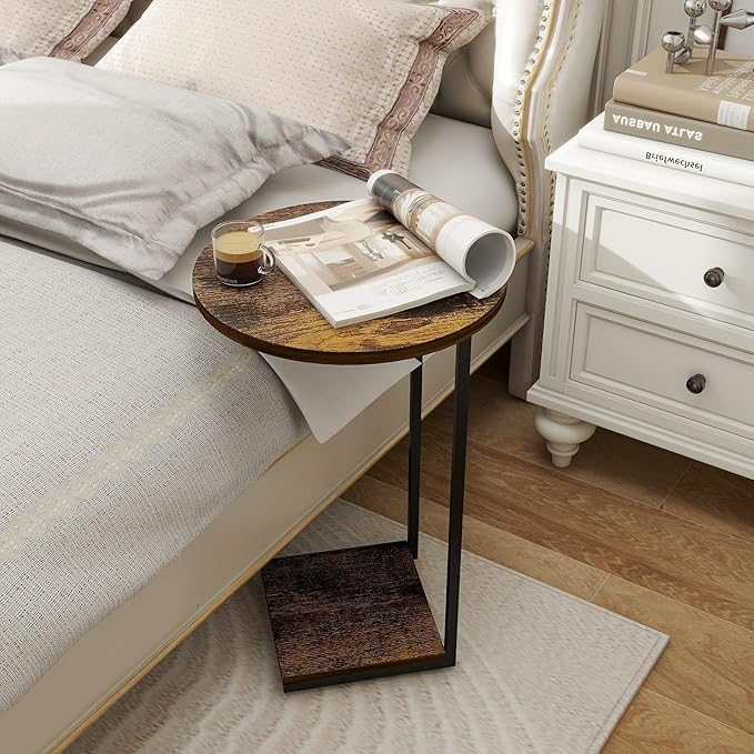 DCLRN C Table End Table Set of 2,C Shaped End Table for Round,Round Side Table is Suitable for Living Room and Bedroom.(Brown)
