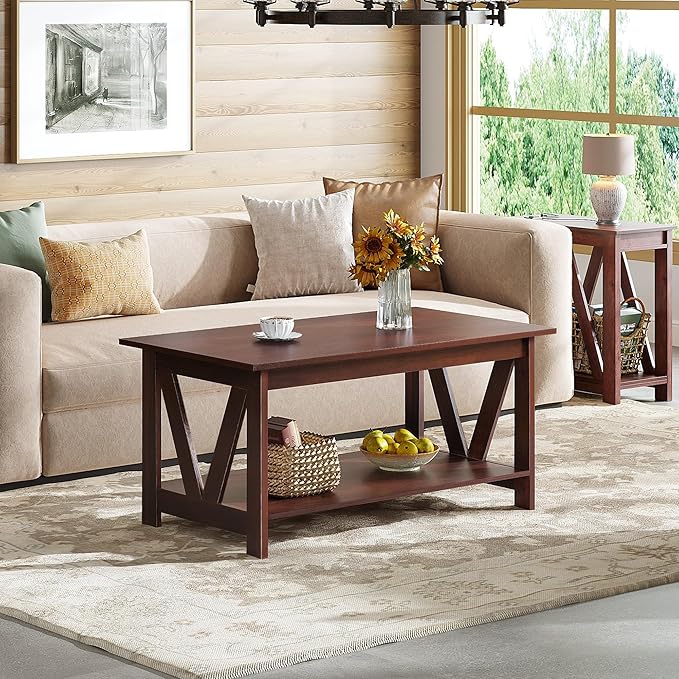 WLIVE Coffee Table with Storage Shelf, 39.4" Farmhouse Coffee Table with V-Frame Support, 2-Tier Wood Rustic Center Table for Living Room, Bedroom & Balcony, Espresso