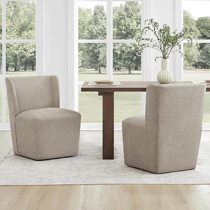 Upholstered Dining Chair with Casters Wingback Modern Side Armless Deskchair with Rollers for Diningroom Bedroom Livingroom Reading Room,Khaki,1 Box