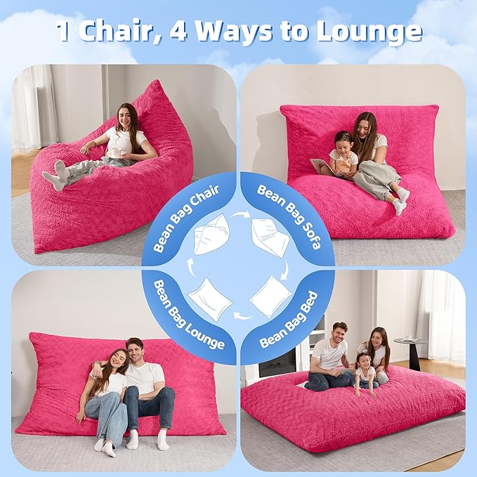 HABUTWAY 4 in 1 Bean Bag Chair, Giant Memory Foam Filling Bean Bag Sofa, Adult Bean Bag Chair, Machine Washable Faux Fur Cover, Bean Bag for Adult (Rose Red)