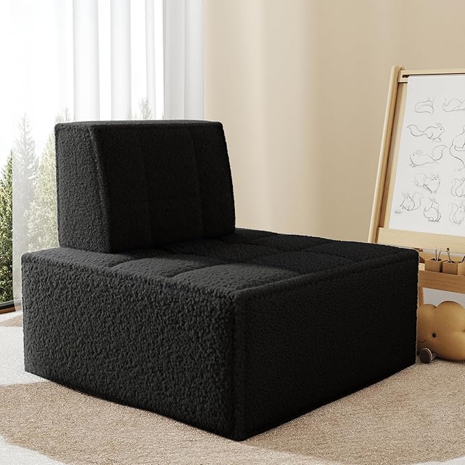 Modular Sherpa Sofa Chair, Cozy Floor Lounge Seating, No Armrests, Small Sofa for Small Spaces, Reading Nook, or Apartment Living, Single, Black