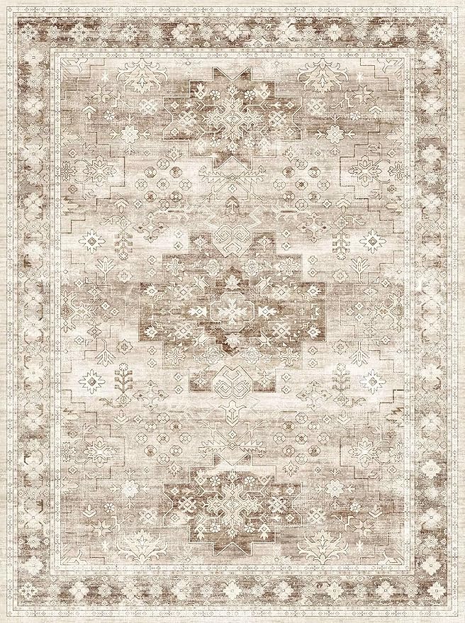 Washable Neutral Farmhouse Large Entryway Rug, 3x4 Area Rugs for Kitchen, Bedroom, Nursery Room, Boho Vintage Floral Non-Slip Throw Rug Low Pile Stain Resistant (3x4 Beige/Latte)