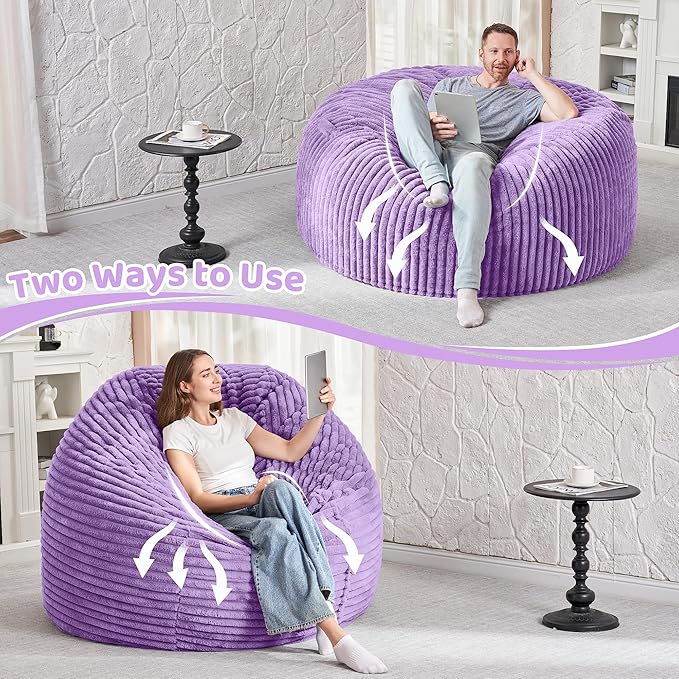 HABUTWAY 4FT Bean Bag Chair, 4' Large Bean Bag Chairs for Adults with Removable Stripe Plush Cover, Memory Foam Beanbag Chair for Living Room Bedroom Dorm (Purple)