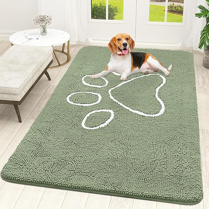 OLANLY Door Mat for Muddy Dog Paws 59x35, Ultra Absorbent Chenille Mud Doormat with Paw Print Design, Non-Slip Washable Doormat for Indoor Entryway, Quick-Dry Pet Bed Mats for Dirty Dogs, Sage Green
