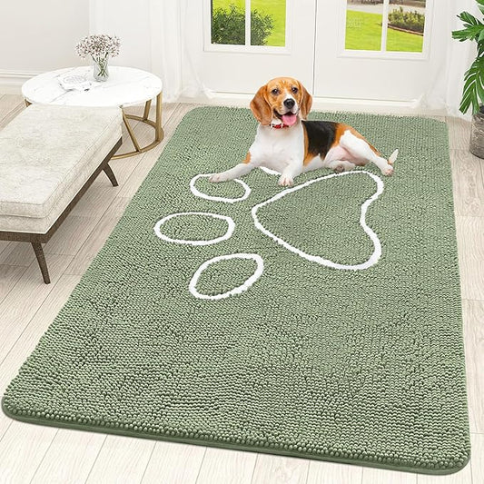 OLANLY Door Mat for Muddy Dog Paws 59x35, Ultra Absorbent Chenille Mud Doormat with Paw Print Design, Non-Slip Washable Doormat for Indoor Entryway, Quick-Dry Pet Bed Mats for Dirty Dogs, Sage Green