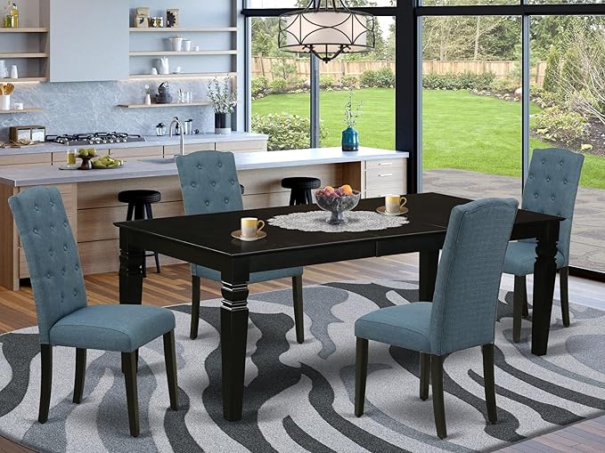 East West Furniture LGCE5-BLK-21 5 Piece Dining Table Set for 4 Includes a Rectangle Kitchen Table with Butterfly Leaf and 4 Mineral Blue Linen Fabric Parson Chairs, 42x84 Inch, Black