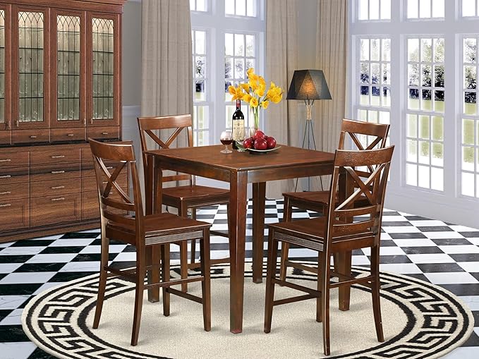 East West Furniture VNQU5-MAH-W 5 Piece Counter Height Pub Set Includes a Square Dining Room Table and 4 Kitchen Chairs, 36x36 Inch, Mahogany