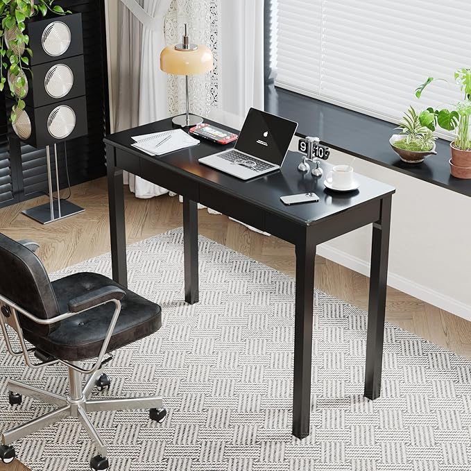 Solid Wood Desk with Drawers - 39 x 16 Inch Modern Narrow Desks, Rubber Wood Study Table, Small Writing Desk for Small Spaces|Bedroom - Black Desks