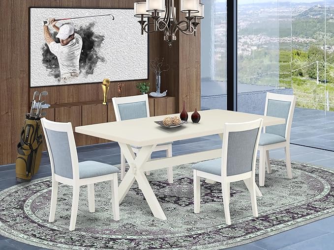East West Furniture X027MZ015-5 5 Piece Kitchen Table & Chairs Set Includes a Rectangle Dining Table with X-Legs and 4 Baby Blue Linen Fabric Parson Chairs, 40x72 Inch, Multi-Color