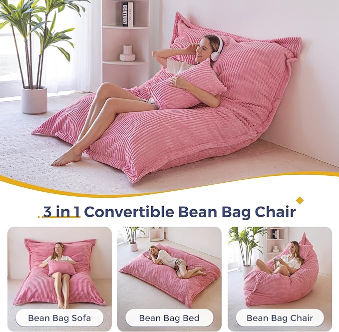 MAXYOYO Giant Bean Bag Chair with Pillow, 3 in 1 Convertible Bean Bag Chair for Adults with Washable Cover, Removable Floor Cushion Stuffed Floor Lounger for Living Room Bedroom, Pink, Full