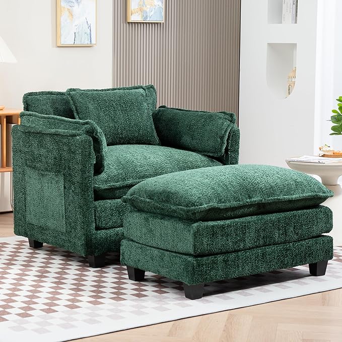 Furniliving Oversized Accent Chairs with Ottoman, Luxury Boucle Single Sofa, Upholstered Deep Seat Chaise Lounge with Pillows for Living Room, Bedroom, Apartment, Green