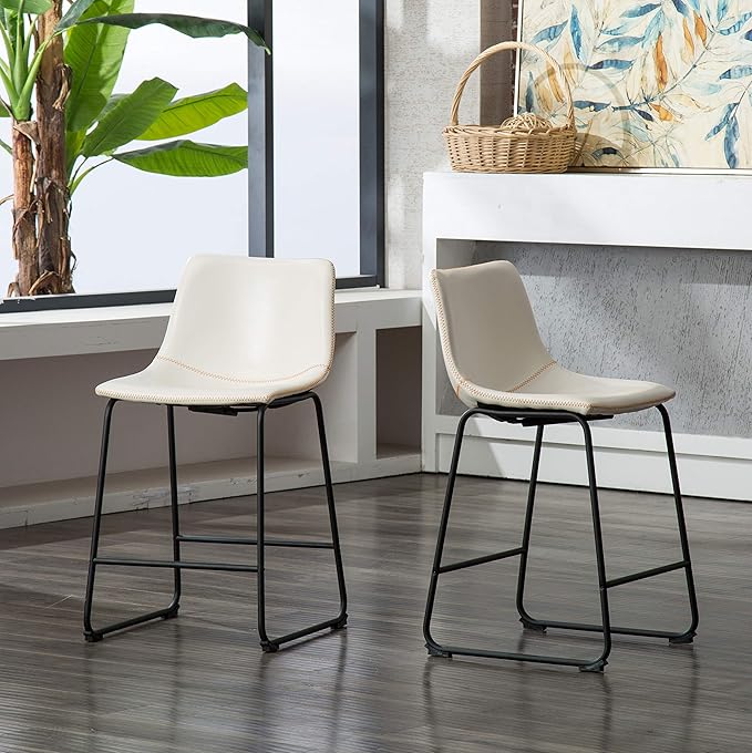 Roundhill Furniture PC185WH Lotusville Vintage PU Leather Counter Height Stools, Set of 2, White