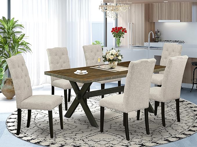 East West Furniture X677EL635-7 7 Piece Dining Table Set Consist of a Rectangle Kitchen Table with X-Legs and 6 Doeskin Linen Fabric Parson Dining Room Chairs, 40x72 Inch, Multi-Color