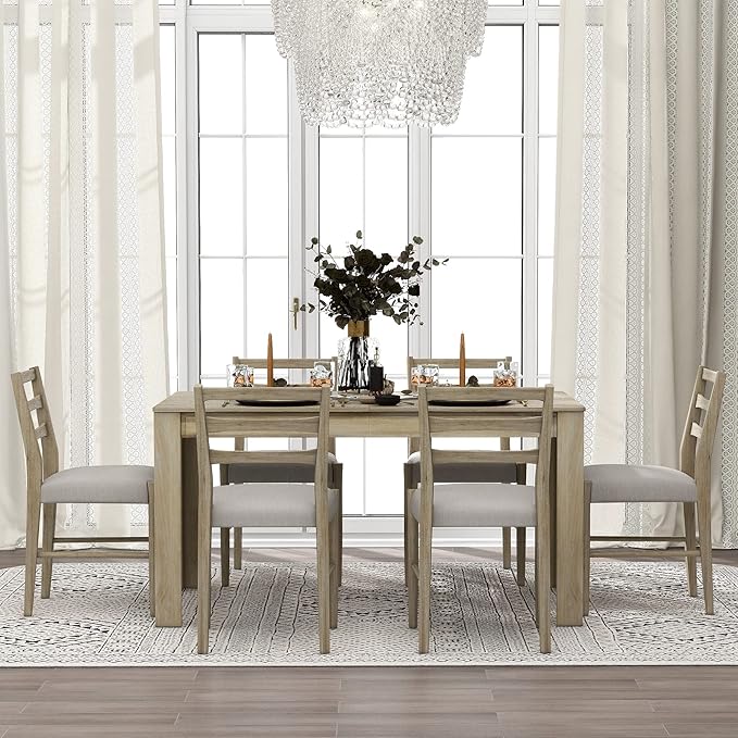 Ball & Cast 7 Piece Dining Table Set with 6 Upholstered Chairs,Living Room Desk W/ 71.5" Rectangle Extendable Leaf and 2 Drawers,for Restaurant,Home Bistro,Natural Wood Wash