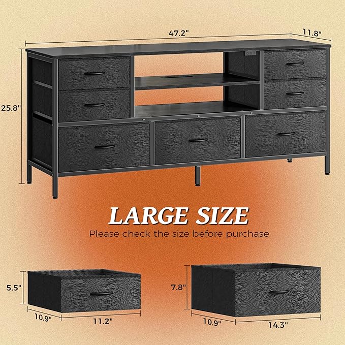 Huuger TV Stand Dresser with Power Outlets and LED Lights, 7 Drawer Console for 55 Inch TV, Black PU Leather Bedroom Dresser