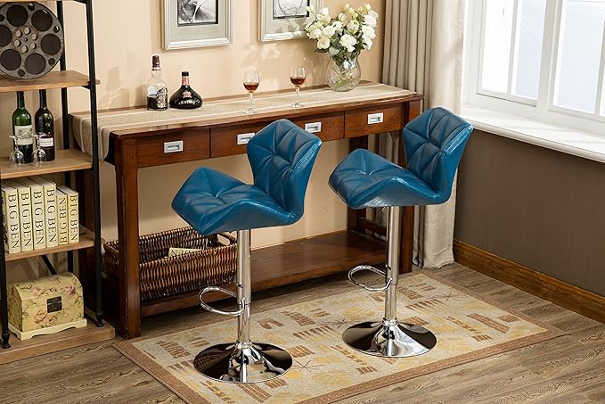 Roundhill Furniture Glasgow Contemporary Tufted Adjustable Height Hydraulic Blue Bar Stools, Set of 2,