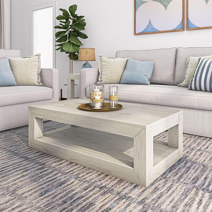 Plank+Beam Modern Rectangular Coffee Table with Shelf, 48", Solid Wood Center Table with Storage, 2 Tier Tea Table for Living Room, White Sand Wirebrush