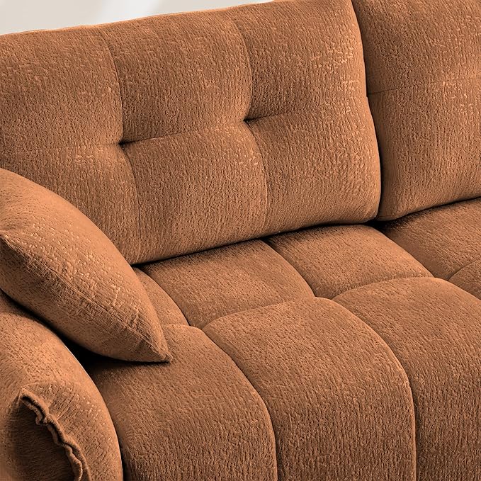 Modern Chenille Fabric 3-Seat Sofa w/Ottoman+2 Pillows, Premium Upholstery Living Room Couch with Tufted Backrest & Comfortable Armrests and High-Resilience Memory Foam Cushions,Orange