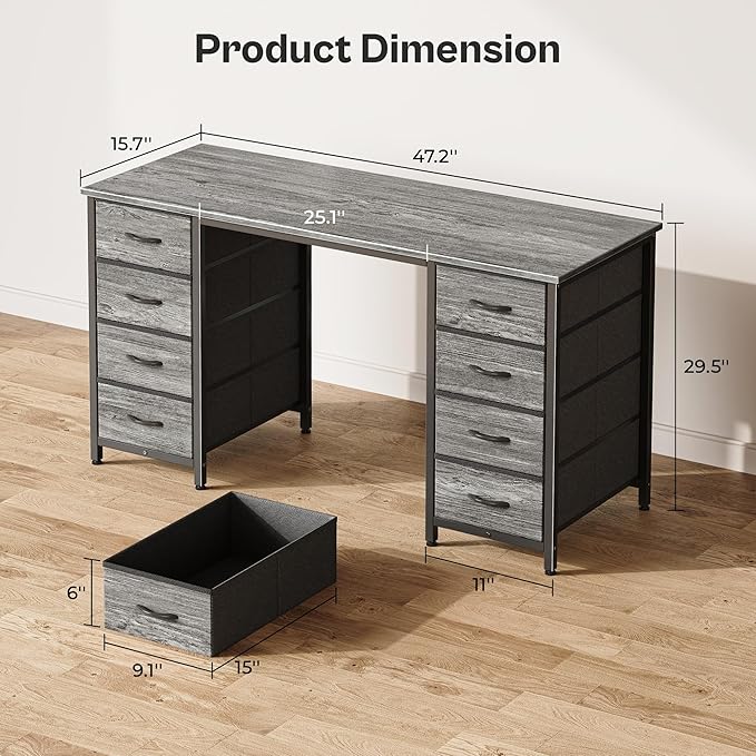 Huuger 47 Inch Computer Desk with 8 Fabric Drawers, Office Desk Work Desk for Home Office, Study, Gaming Desk with Drawers, Large Storage, Grey