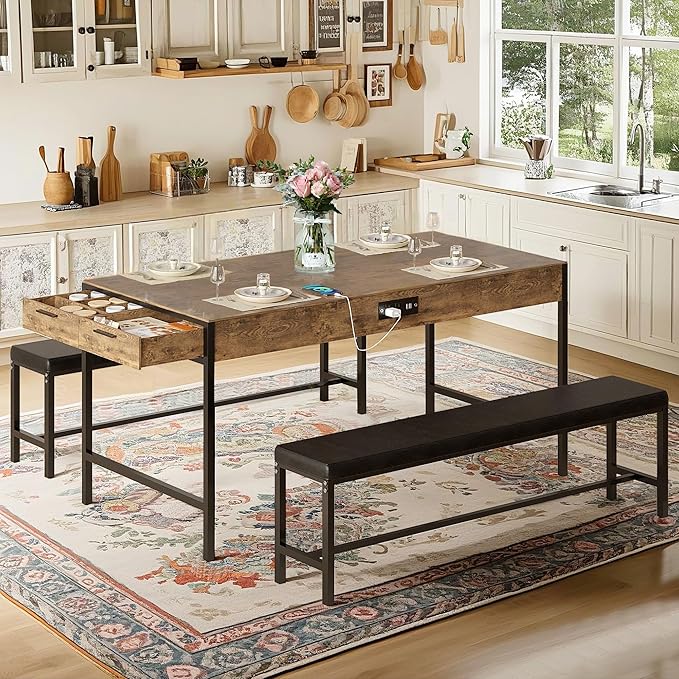 VECELO 65" Dining Table Set for 4-6, 3-Piece Kitchen Set with 2 Utensil Drawers, 2 Benches & Wine Rack, Space Saving & Heavy Duty, with Metal Frame & MDF Board, Rustic Brown
