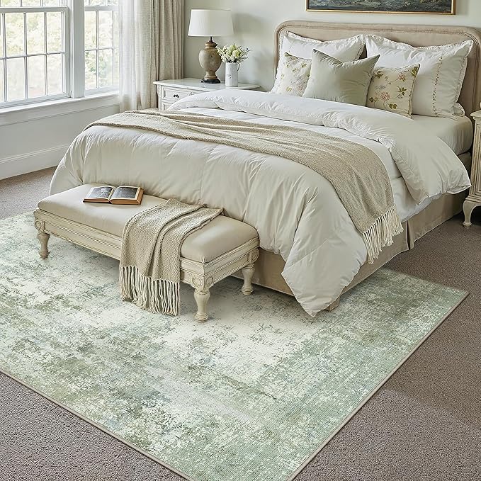 9x12Washable Area Rug Green Modern Neutral Abstract Living Room Bedroom Indoor Floor Carpet Low Pile Soft Non-Slip Lightweight Vacuumable Large Throw Rug for Nursery Dining Room