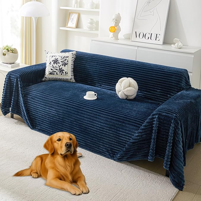 HAOMAIJIA Faux Fur Sofa Covers Couch Covers for 3 Cushion Couch Sofa Pet Friendly Soft Non Slip Couch Cover for Dogs Washable Sectional Couch Covers L Shape Furniture Protector (Navy Blue, 71"x134")