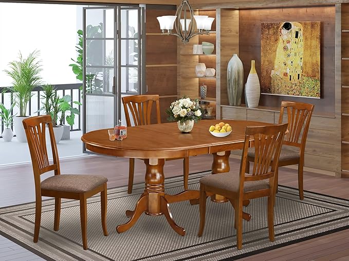 East West Furniture PLAV5-SBR-C 5 Piece Dining Room Table Set Includes an Oval Wooden Table with Butterfly Leaf and 4 Linen Fabric Kitchen Dining Chairs, 42x78 Inch, Saddle Brown