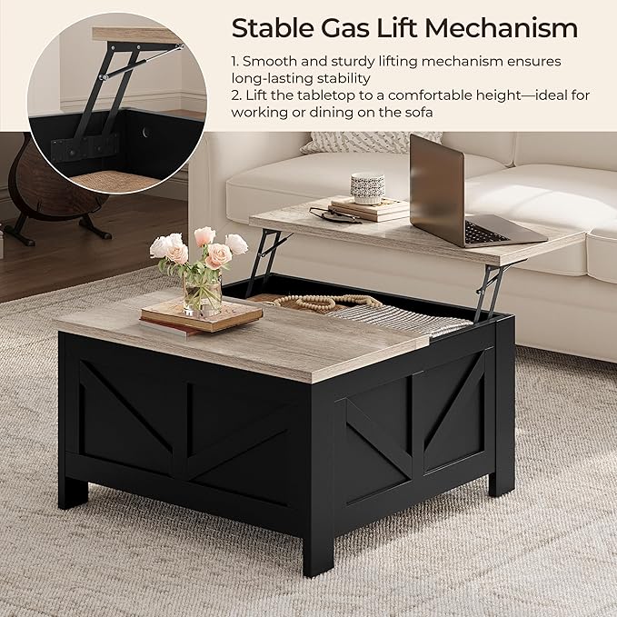 Yaheetech Lift Top Coffee Table with Storage, Square Coffee Table for Living Room, 31.5 Inches Center Tables with Large Hidden Storage Compartment for Home Office, Black&Gray