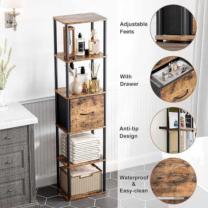 6-Tier Bookshelf with Drawer,Narrow Bookshelves Organizer,Floor Standing Ladder Shelf,Tall Bookcase for Small Space,Book shelf with Storage for Living Room, Bedroom, Office, Study Rustic Brown HBC505R