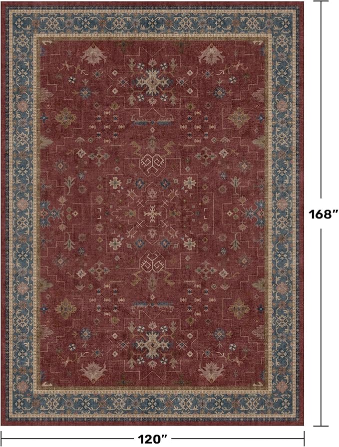 Moroccan Big Rugs for Living Room - Dark Red 10 x 14 Area Rug for Large Bedroom, Dining Room, Washable Lightweight Low Pile Foldable Oriental Burgendy Home Décor