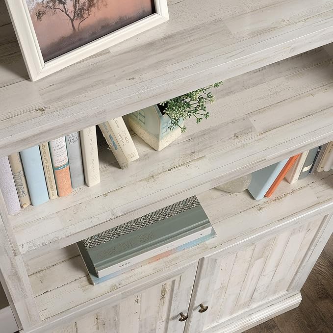 Sauder Select Book Shelf, Bookshelf with Storage, Library Bookcase with Doors and Adjustable Shelves, in White Plank