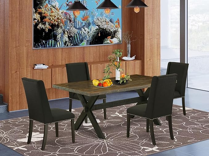East West Furniture X677FL624-5 5 Piece Dining Room Furniture Set Includes a Rectangle Dining Table with X-Legs and 4 Black Linen Fabric Parsons Chairs, 40x72 Inch, Multi-Color