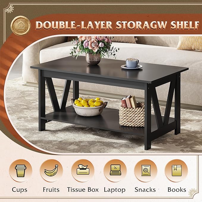 WLIVE Coffee Table with Storage Shelf, 39.4" Farmhouse Coffee Table with V-Frame Support, 2-Tier Wood Rustic Center Table for Living Room, Bedroom & Balcony, Black