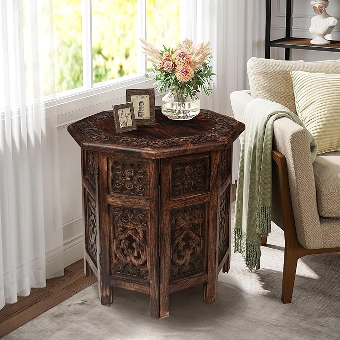 The Wooden Town End Tables for Living Room– Hand Carved Vintage Boho Folding Side Tables for Small Spaces, Entryway, Living Room, Bedroom – No Tools Assembly, 18"x18" Octagon, Scorch Burnt Finish