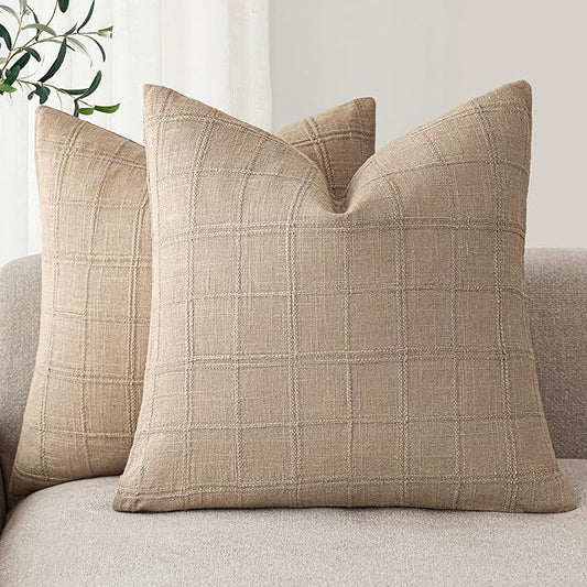 Foindtower Set of 2 Decorative Linen Check Throw Pillow Covers Neutral Farmhouse Vintage Cushion Covers Modern Coastal Boho Home Decor For Sofa Chair Couch Bedroom Living Room Outdoor,22×22 Inch,Camel