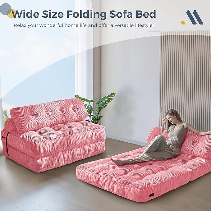 MAXYOYO Folding Sofa Bed, Convertible Sleeper Chair with Pillow Foldable Matress with Back Support, Portable Fold Out Chair Bed Comfy Floor Sofa Lounge for Living Room Bedroom, Pink Double