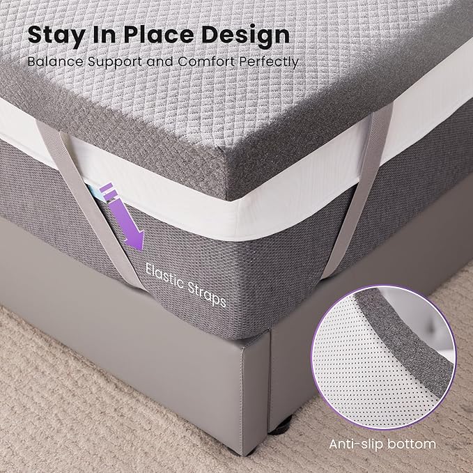 SINWEEK 2 Inch Gel Memory Foam Mattress Topper Queen Size, Pad for Back Pain, Bed Topper with Removable Soft Cover, CertiPUR-US Certified,Grey