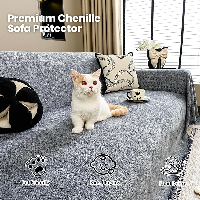 Nobildonna Sofa Cover Washable Soft Thicken Chenille Couch Cover with Tassel,Waterproof Sofa Slipcover for 2-3 Cushion Couch,Sectional Sofa,L-Shaped Furniture Protector Pet-Friendly,Dark Gray 71x118