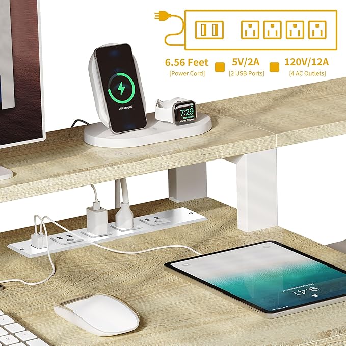 DWVO L Shaped Desk with Drawers, 65" Computer Desk with Power Outlets & LED Lights, Corner Home Office Desk with Storage Shelves & Printer Stand, White & Oak