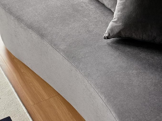 Container Furniture Direct 90" Curved Sofa with Throw Pillows, 4 Seater Luxury Velvet Couch with Half Moon Design and High-Density Foam, Ideal for Modern Living Room, Office & Apartment, Grey
