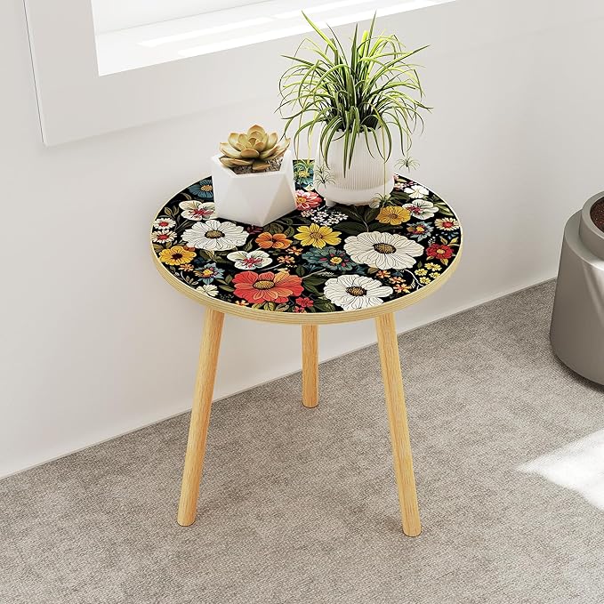 Mandala Round End Table, Small Side Table with Colorful Flowers Finish, Retro Modern Small Coffee Table for Balcony, Living Room(15.7" Dia. x 18.5" H, Colorful, Round)
