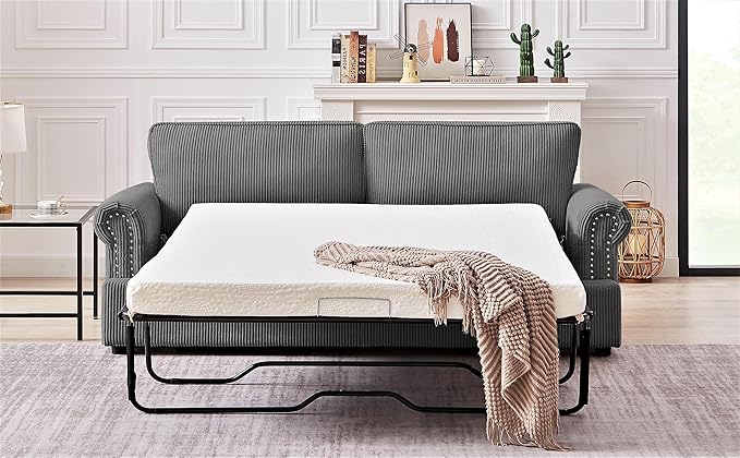 Reversible Sleeper Sofa Bed with Comfortable Memory Foam Mattress, Convertible Corduroy Full Size Pull Out Couch for Living Room, Space Saving Furniture, 72" Wide, Rounded Arms, Grey